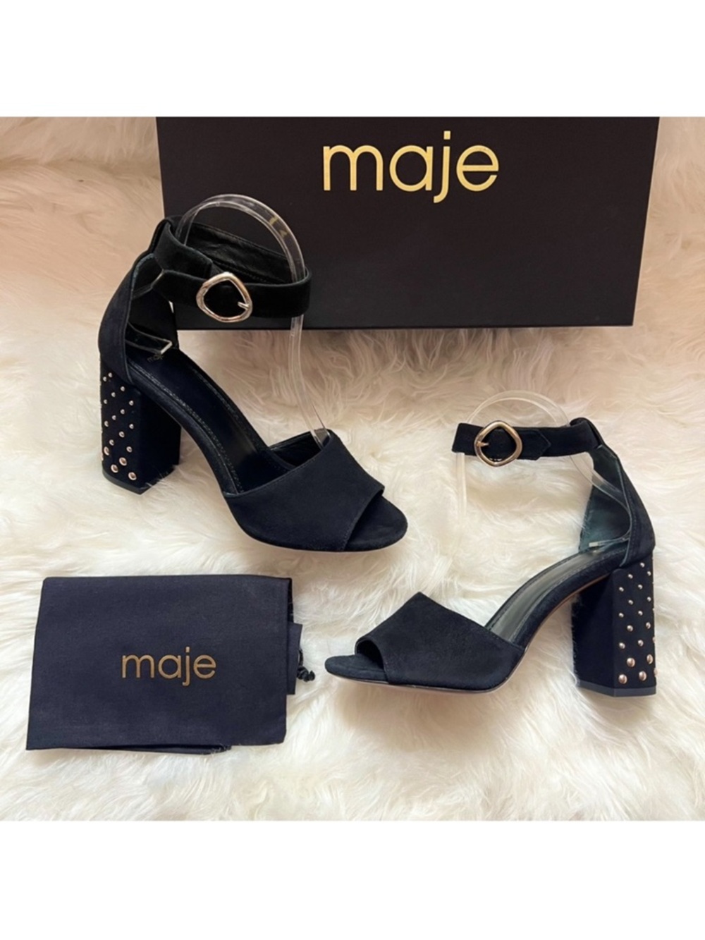 New! MAJE Paris Studded Embellished Block Square Heel Suede Sandals - Picture 5 of 11